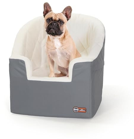 K&H Haustierprodukt Eimer Booster Hundeautositz mit Hundesicherheitsgurt für Auto, waschbarer Kleiner Hundeautositz, stabile Hundeerhöhung für kleine Hunde, 2 Sicherheitsleinen, klein/grau/Creme