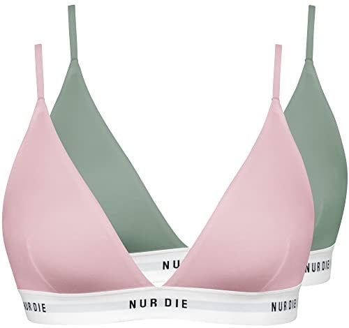 Nur Die 2er Pack Soft BH sportlich ohne Bügel bügelloser BH Triangel Bra Bustier Baumwolle Damen, Khaki/Rose, XL