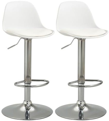 HOMCOM Set 2 Sgabelli Bar con Altezza Regolabile con Schienale Bianco | Sedie Bar Alte in PU, con Schienale, Poggiapiedi e Seduta Morbida, Struttura in Acciaio, Girevoli a 360°, per Penisola