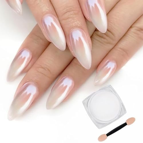 White Pearl Chrome Nail Powder,Iridescent Mirror Effect Aurora Magic Pearlescent Nail Jewelry Glitter Powder Holographic Pigment, Symphony Mermaid Pearl Glitter Dust Kit,DlY Nail Art Decorations