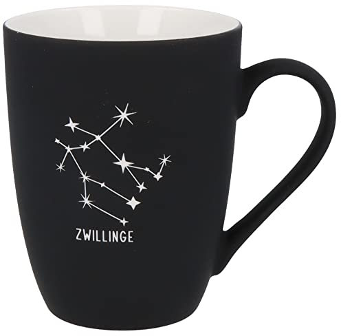 Spruchreif | Soft-Touch Tasse Schwarz Zwillinge – Beidseitig gravierte Tasse mit Sternzeichen-Motiv | Persönliches Geschenk für Zwillinge-Geborene