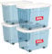 Cetomo 80L*4 Storage Boxes with Wheels, Plastic Storage Box with Lid, Latching Buckles, Click Closure, Stackable, Nesting, Durable Organizer for Home Office Clothes, Clear Blue, 80L-4 Pack