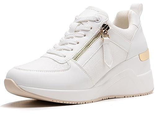 ANJOUFEMME Womens Wedge Trainers Platform Shoes for Women Ladies Heeled Casual Comfortable Trainers,W139,White,6 UK