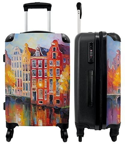 NoBoringSuitcases.com® Koffer groß Trolley Rollkoffer Reisekoffer mit 4 Rollen Fotokoffer - Grachtenhäuser - Kunst - Malerei - Amsterdam - 67x43x25cm - 90 Liter