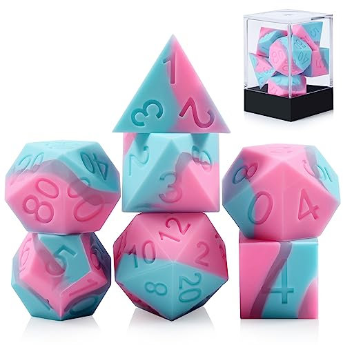 DNDND Silikon-Würfel-Set, ein komplettes Set von D&D-Würfeln aus Silikongummi mit transparenter Kunststoff-Vitrine für Dungeons and Dragons Tischspiele (blau, rosa, grau)