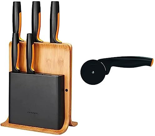 Fiskars Bambus Design-Messerblock mit 5 Messern & Pizzaschneider mit hochwertigem Kunststoff-Schneidrad, Länge: 19 cm, Functional Form, Schwarz/Orange, 1019533
