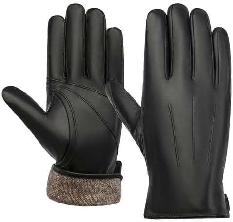 Qimailer Lederhandschuhe für Herren, Winterhandschuhe, Touchscreen, Wollfleece gefüttert, echtes Schaffell, Geschenk, Black-Palm-Linie, S-8(US Standard Size)