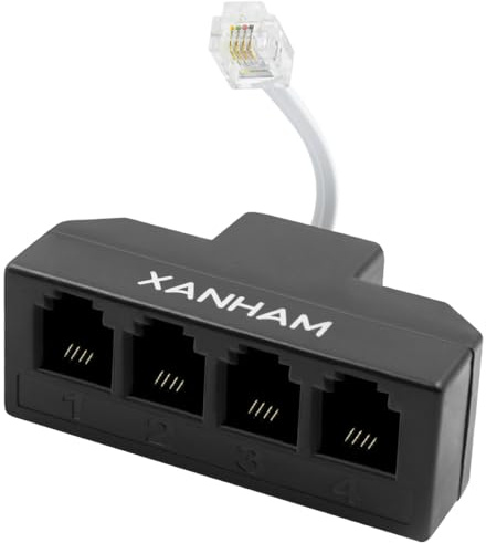 XANHAM AV01403 RJ11-Kabel, 4-Wege-Splitter, 6P4C-Anschluss, Telefonkabel-Adapter mit 7,6 cm Kabel für Festnetz-Telefondraht, Schwarz