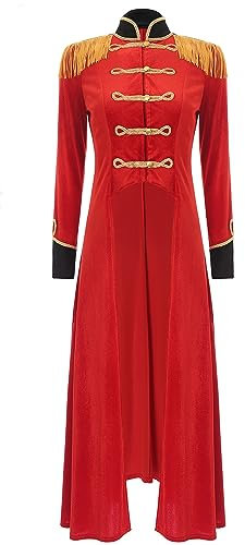 Aiihoo Damen Langarm Samt Smoking Frack Glänzend Blazer Jacke Mantel Zirkus Ringmaster Kostüm Weihnachten Halloween Karneval Cosplay Kostüm B Rot M