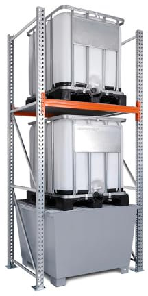 DENIOS Combi-Regal 3 K2-I mit verzinkter Auffangwanne, für 2 IBC à 1000 Liter, Grundfeld