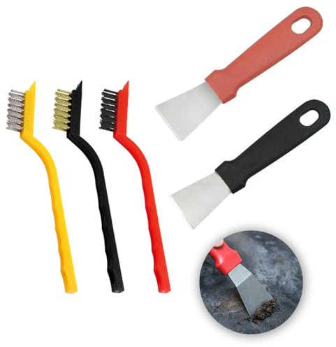 Oven Scraper Tool Non Scratch, 2PCS Stainless Steel Super Scraper Scraper for Cleaning Grease Scraper with 3PCS Stainless Steel Brass Nylon Brush for Kitchen Ovens Stoves Induction Hob Freezer