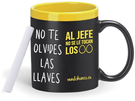 mundohuevo| Taza con frase “Al jefe no se le tocan los huevos.” | Taza pizarra para escribir o dibujar| Borde e interior de cerámica| Incluye tiza blanca|Capacidad de 350 ml| Regalo divertido.