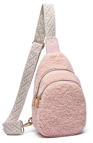 HAWILL® Kleine Umhängetasche Damen Bauchtasche Stylische Sling Bag Weich Teddy Tasche Damen Brusttasche zum Umhängen Plüsch Tasche für Reisen, Sport, Arbeit (Rosa)