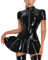 TUYMNI Damen Wetlook Minikleid PU Leder Bodycon Kleid Eng Lederkleid V Ausschnitt Tights Bodycon LederKleid Einteilige Glossy Hautenge Ledersuit Bühnenkostüm Erotik Sexy Clubwear