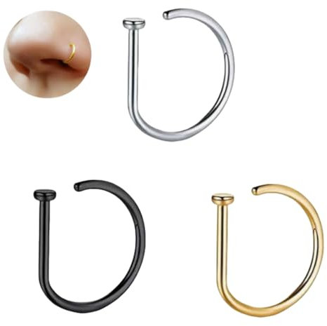 Nasenpiercing Ring 3 Stück Fake Nasenring Helix Piercings Kein Piercing Erforderlich Nasenloch Piercing Ring Edelstahl Fake Piercings Nasenpiercing Septum Unisex Nasenring (Silber, Schwarz, Gold)