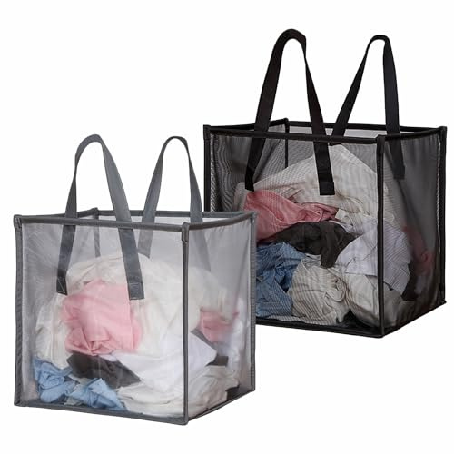 BOSNONA 2 Pack Mesh Pop Up Laundry Basket with Handles 32L Portable and Foldable Laundry Hamper Washing Baskets for Tidy Storage Clothes Toys (1 Pack Grey+1 Pack Black)