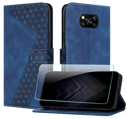 JayModCase Funda para Xiaomi mi Poco X3 NFC/Poco X3 Pro / X3, PU Piel Flip Carcasa con [Poco X3 Pro Protector de Pantalla] Cierre magnético Soporte Plegable Tarjetas y Cartera (Azul)