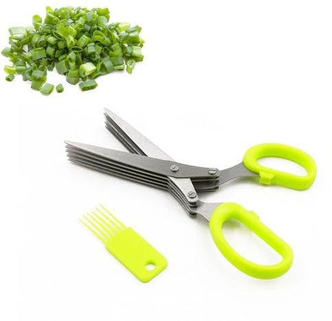 Kräuterschere Grün, Multifunktionales Kräuterscheren, Kräuterscheren, Edelstahl Küchenschere 5 Klingen, Küchenkräuterschere, Gewürzschere Schnittlauchschere für Schnittlauch, Petersilie, Kräuter