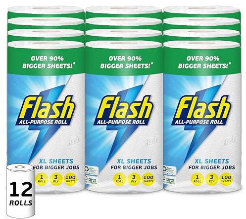 Flash Extra Large Kitchen Rolls - 12 Rolls, 3-Ply Strength, 100 Sheets/Roll, Super Absorbent & Strong, FSC Certified, Made in The UK, Perfect for Cleaning & Spills, Biodegradable