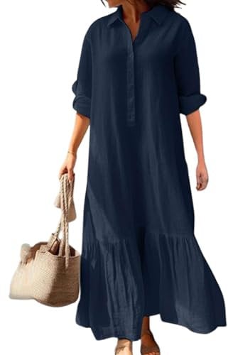 Colisha Women Cotton Linen Shirt Dress Casual Loose Maxi Dresses Oversized Baggy Flowy Summer Beach Lapel Button V Neck Roll Sleeve Long Dress Ruffle Hem Dark Blue 4XL