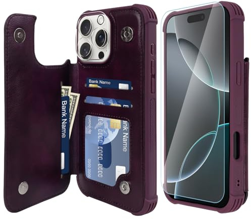 VANAVAGY Fit Car Mount Wallet Case for iPhone 16 Pro Max,Purple | PU Leather Flip Cover for Men & Women,12ft Drop Protection,RFID Blocking Card Holder,Kickstand,Includes Screen Protector