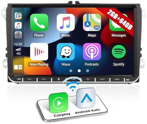 CAMECHO 2+64G 9 Pouces Android 13 pour VW Golf 5 Polo Skoda Caddy Autoradio avec Carplay Android Auto, 2DIN écran avec Bluetooth Mirror Link FM/RDS WiFi SWC et USB