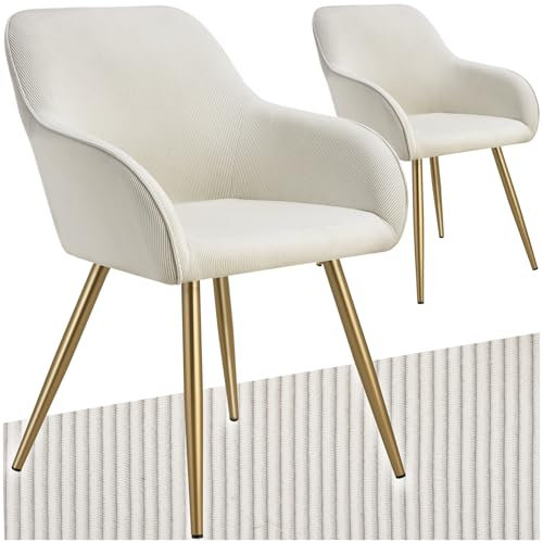 tectake® 2X Esszimmerstuhl, Sessel bequem mit Armlehne, Polsterstuhl, Cord Cocktailsessel, Loungesessel für Wohnzimmer, Esszimmer, Moderne Küchenstühle, Bürostuhl - Creme/Gold