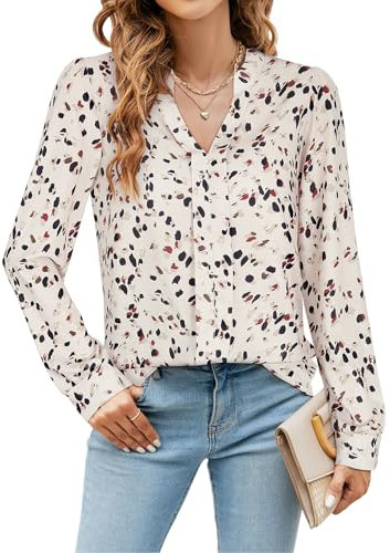Flikity Womens Tops V Neck Casual T Shirts Pleated Puff Long Sleeve Elegant Floaty Floral Printed Tunic Blouse Apricot Print M (UK 12-14)