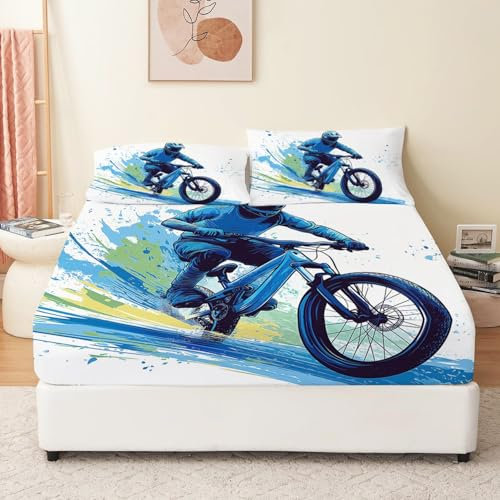 Weiß Spannbettlaken 90 x 190 cm Kinder Mädchen Graffiti-Mountainbiker in Aktion Muster Bettlaken Boxspringbett Topper Mikrofaser Kindermotiv Spannbetttuch für Matratze bis 30 cm Hohe