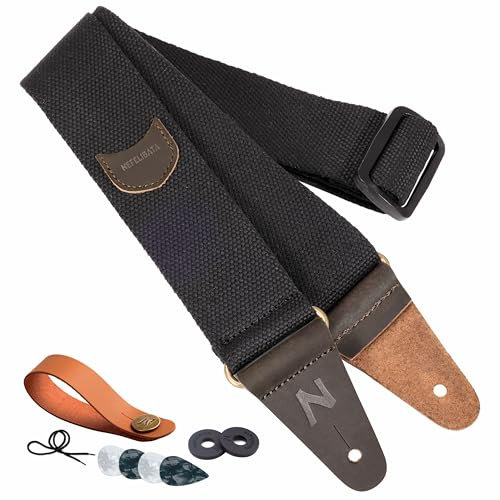 Nefelibata Gitarrengurt mit Plektrum-Tasche, Kopf Rindsleder Enden Gitarrengurte für Bass, Elektro-und Akustik-Gitarre, kommen mit kostenlosen Gurt-Taste, 1 Paar Gurtschlösser und 4 Gitarrenplektren