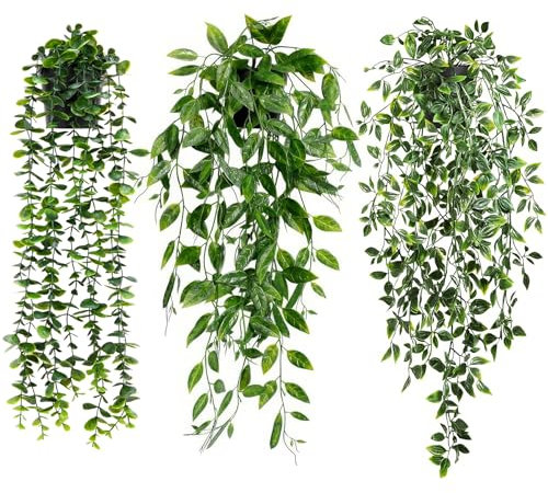 JOYIAL 3 Stück Künstliche Hängepflanzen mit Töpfen, Künstliche Pflanzen Hängend, 63cm Kunstpflanze Eukalyptus Blätter im Topf Hängepflanze künstlich wie echt für für Hausgarten Dekor
