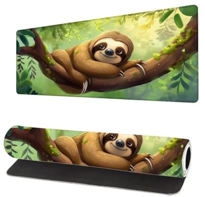 Grand Tapis de Souris XXL 900x400x3mm, Tapis de Souris Gamer Arbre avec Surface en Antidérapant Résistant à l'eau Tapis de Bureau Mouse Pad Paresseux, sous Main Souris à Bords Cousus pour Bureau F-6