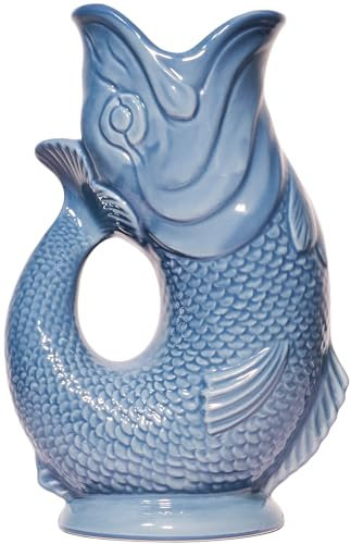 The Original Gluggle Jug - Blue Grey Glug Jug in L, 22cm 0.6L - Gug Glug Fish Shaped Jug - Decorative Glugging Water, Cocktail, Wine & Gin Pitcher, Decanter or Vase - Hand Made in Britain