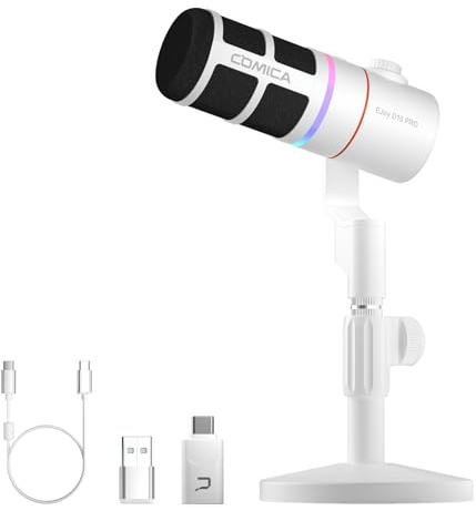 COMICA EJoy D10 Pro Kabellos Dynamisches Gaming Mikrofon, RGB, Weiß | Kabellos mit 48h Akkulaufzeit, XLR/USB-C Ausgang, Mute Button, Vocal Mic für Podcast, Streaming, Gaming, Studio und Aufnahme