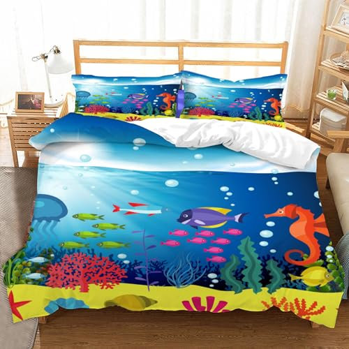 Hongduo 3D Korallen Kinder Bettwäsche 135x200 cm Weiche Mikrofaser Meerestiere Für Kinder Bettwäsche-Sets mit Reißverschluss 3 Teilig Bettbezug Set mit Kissenbezug 80x80 cm