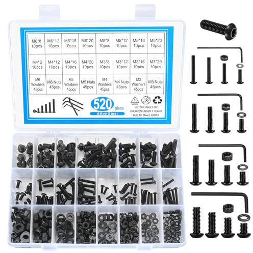 Set di 520 viti M3 M4 M5 M6, viti a esagono incassato, set di dadi a testa tonda nero, viti filettate con dadi, set di viti per macchina con rondelle (nero)
