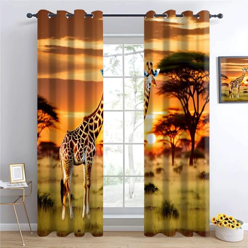 YNIOFU Verdunkelungsvorhänge Afrika Sonnenuntergang Wildlife Giraffe Bedruckt Schlafzimmer Gardinen Blickdicht mit Ösen für Kinderzimmer, wärmeisolierend Blackout Vorhang,B 117x H 138cm x2