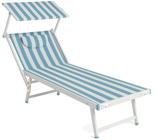 BAKAJI Lettino Prendisole Pieghevole da Mare con Tettuccio Parasole e Cuscino Poggiatesta Sdraio Stabilimento Piscina Spiaggia Professionale in Alluminio e Textilene 180 x 60 x 40 cm (Strisce Azzurre)