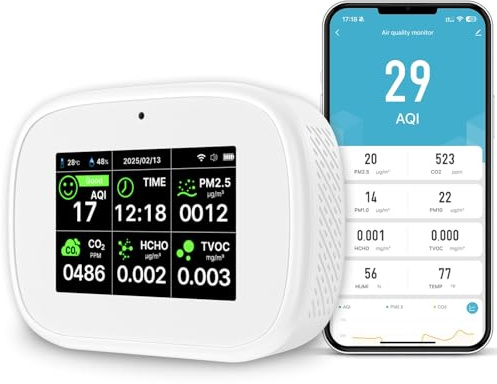 18-in-1 Smart Air Quality Monitor - Indoor WiFi Air Quality Detector with Dual Chip, Real-Time for AQI, CO2, PM2.5, PM1.0, PM10, TVOC, HCHO, Time Display, Temperature & Humidity with APP (White-Black)