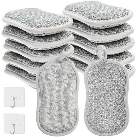 Dulynva 12 Stück Küchenschwamm, Spülschwamm Waschbar Groß Putzschwamm, Doppelseitige Kratzfeste Küchenschwamm Mit 2 Haken, Für Die Haushaltsreinigung, Küche, Spüle