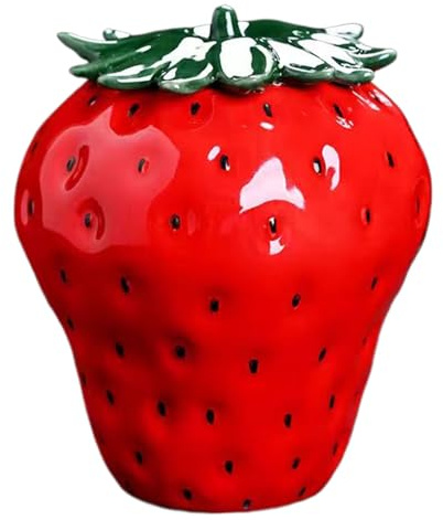 Strawberry Vase Ceramic Cute 350ml Decorative Red Strawberry Pot with Lid for Tea Canister Pen Holder Home Office Kitchen Decor