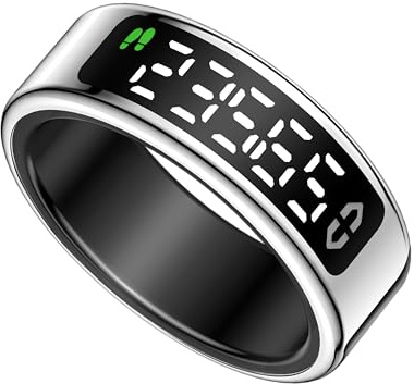Smart Health Ring with Digital LCD Display, Titanium Band, Activity Tracker, Heart Rate Monitor, Sleep Tracking, Screen, IP68 Waterproof, Wireless Charging, iOS and Android Compatible (Silver, 9)