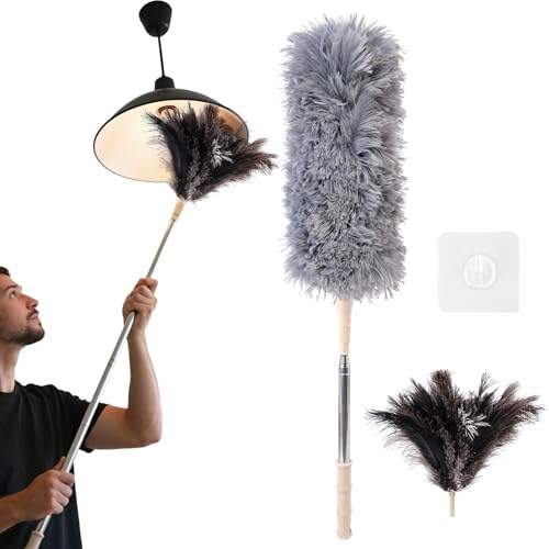 53 Inch Ostrich Feather Duster - Extendable Handle, Wood Handle, Fluffy Natural Genuine Feathers, Ideal for Home, Car, Office Cleaning