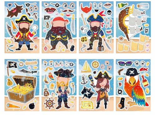 Kotkiddy 24 Stück Piraten Aufkleber Kinder Make a Face Aufkleber DIY Sticker Kinder Piraten Glitzer Sticker Holographic Geburtstagsfeier Gastgeschenke Austausch Geschenke