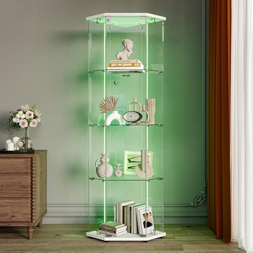 Vitrina de Cristal de Esquina, Vitrina de Cristal con LED, 4 estantes 1 Puerta con Puerta,Moderna Vitrina de Vidrio con Cerradura Vitrina Mueble Transparente para salón Bar 162 x 60 x 42.5 cm