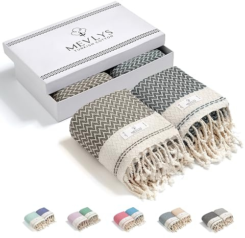 MEVLYS Saunatuch Hamamtuch [2er Pack] Saunahandtuch Strandtuch Badetuch Duschtuch Strandhandtuch Picknickdecke Baumwolle Extra Leicht Damen&Herren (Latte/Anthrazit)