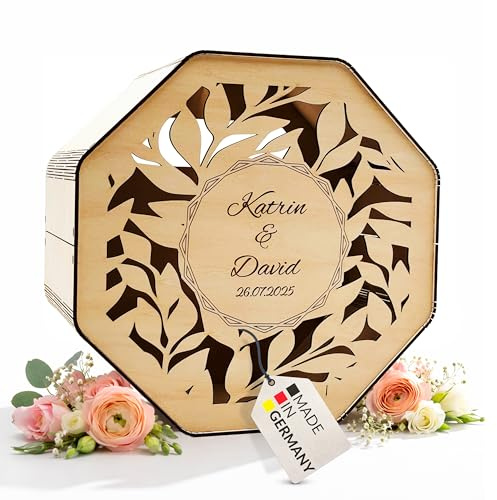 BirdartBox® Kartenbox Hochzeit personalisiert | Hochzeitsbox für Geldgeschenke hochwertig aus Holz, Schatulle mit Gravur Name und Datum