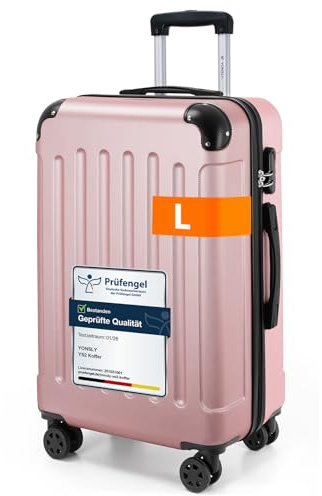 YONSLY Gepäck Suitcase Reisekoffer, Trolley Rollkoffer Handgepäck, Hartschalenreisekoffer mit 360° Lenkrollen, Zahlenschloss, Mehrstufiger Teleskopgriff (L, Roségold)