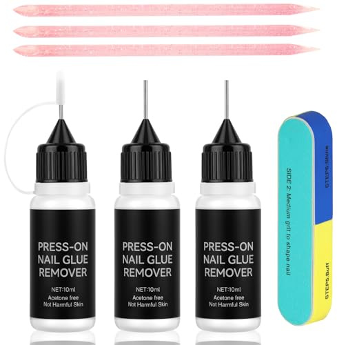BUTBU 3×10 ML Removedor de Pegamento para Uñas, Removedor de Pegamento Suave para Uñas de Uñ-as, Nail Polish Remover sin Acetona, con Lima de Uñ-as, para Nail Tip Pegamen-to para DIY Aplicaciones