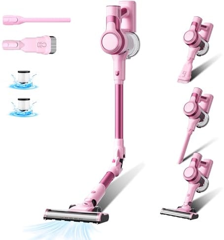 Stanew Akku Staubsauger Faltbar, 33Kpa Staubsauger Kabelloser, 320W Cordless Vacuum Cleaner Rosa, 40Min. Laufzeit, LED, für Tierhaare Teppich Auto Hartboden Sofas etc